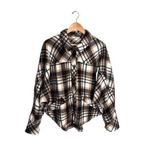 Kye Mi Shacket Plaid Flannel Size Large Oversized Brown Black White Cozy Winter
